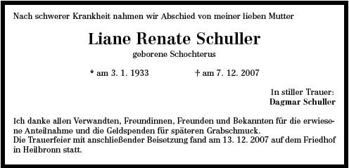 Schochterus Liane 1933-2007 Todesanzeige